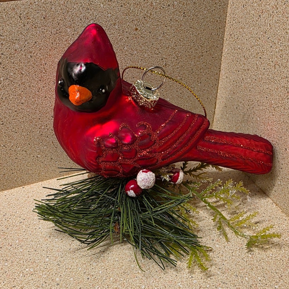 Vintage Blown Glass Cardinal Bird  Christmas Ornament Red Glitter Pinecone Base